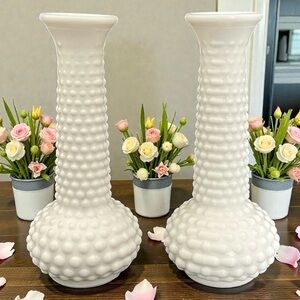 Pair Of E. O. Brody Milkglass Hobnail Vases White 7.75 Inch